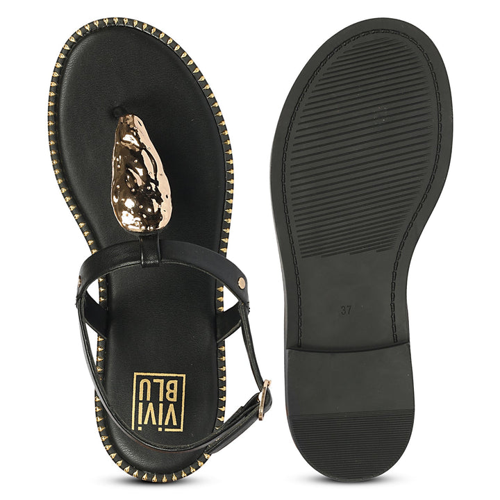 Alma Black Leather Flat Sandals