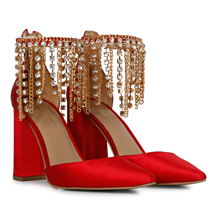 Saint Fayette Stone Studded Chain Red Satin Block Heels