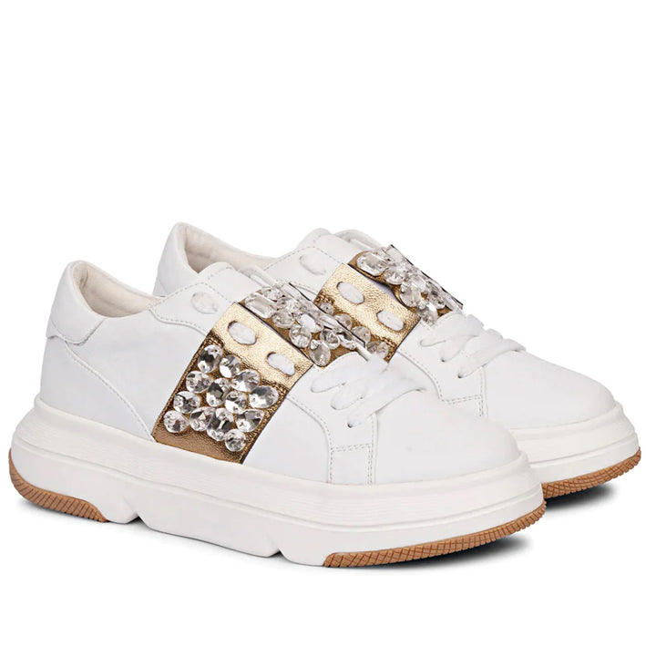 Saint Joanna Crystal Off White Leather Sneakers - Elegant off-white sneakers with crystal embellishments for a touch of glamour and timeless style.