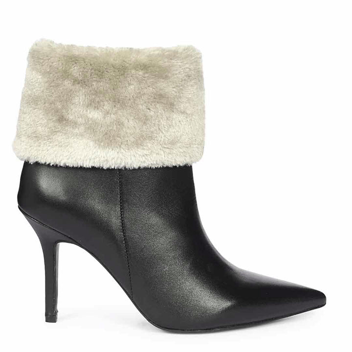 Saint Solveig Grey Fur Cuff Black Leather Ankle Boots