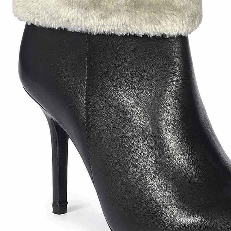 Saint Solveig Grey Fur Cuff Black Leather Ankle Boots