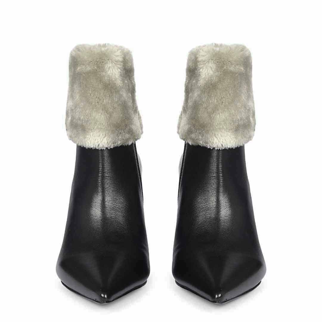 Saint Solveig Grey Fur Cuff Black Leather Ankle Boots