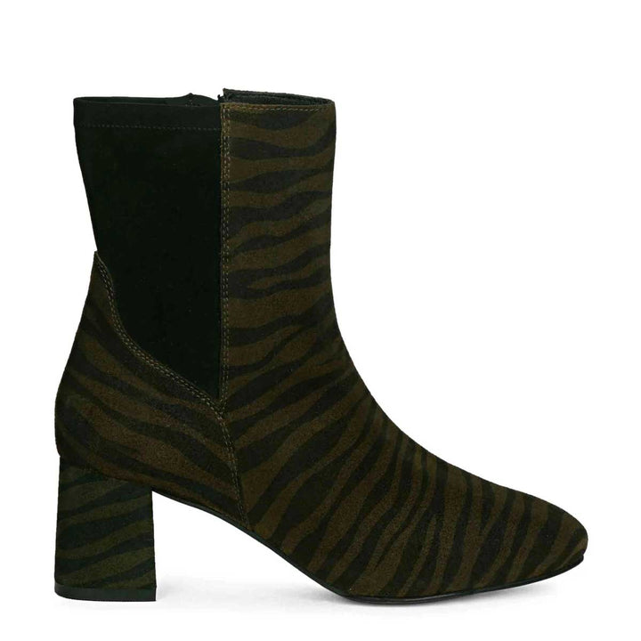 Riona Olive Leo Print Leather High Ankle Boots