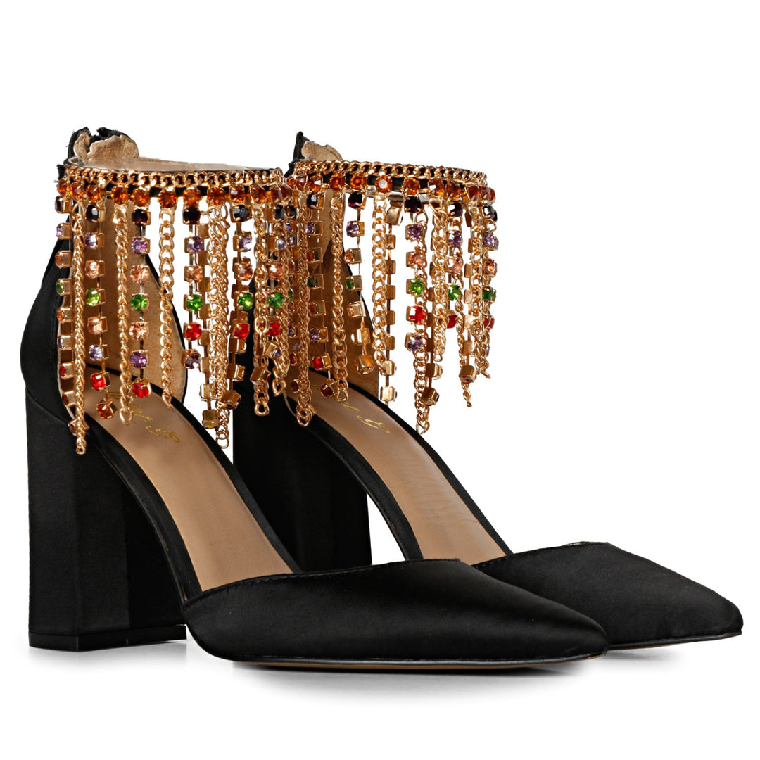 Chic and classy: Saint Fayette's black satin block heels featuring stunning stone-studded chain embellishments