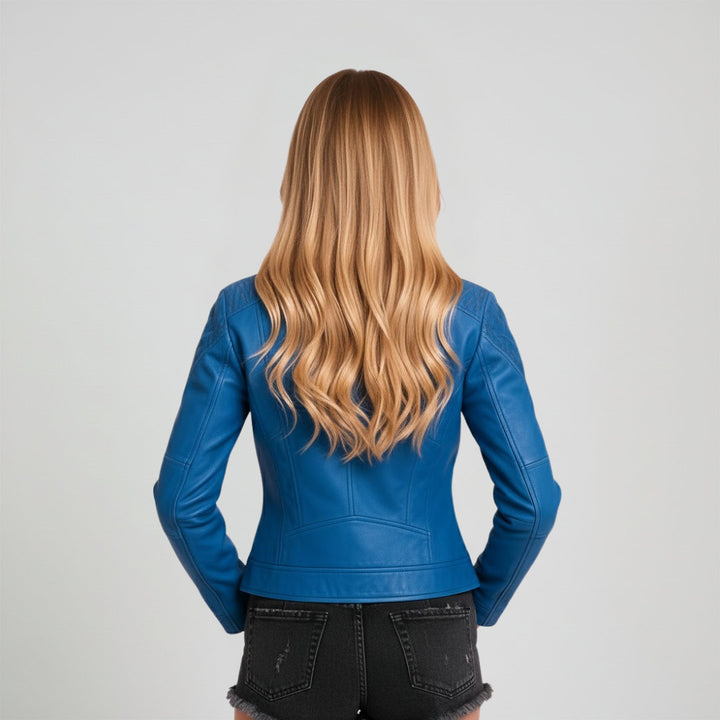 Saint Veronique Blue Leather Zip-Up Women Cafe Racer Jackets
