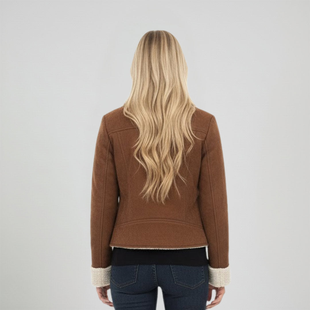 Saint Arlene Women Tan/Beige Leather Cafe Racer Jacket