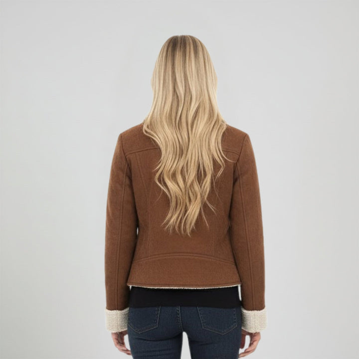 Saint Arlene Women Tan/Beige Leather Cafe Racer Jacket