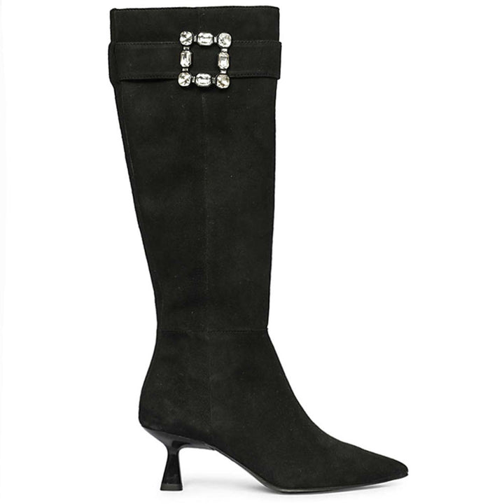 Saint Valeria Crystal Buckle Black Suede Leather Long Boots