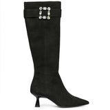 Saint Valeria Crystal Buckle Black Suede Leather Long Boots
