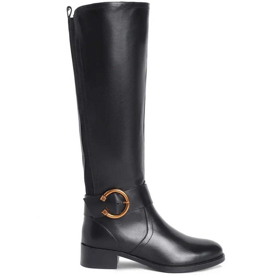 Saint Marisa Gold Buckle Decorative Black Leather Long Boots