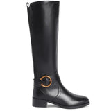 Saint Marisa Gold Buckle Decorative Black Leather Long Boots