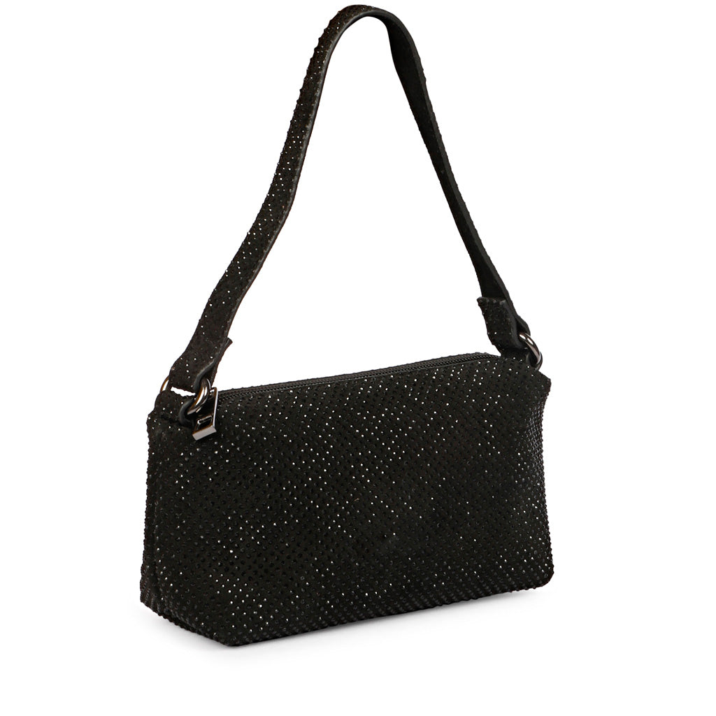 Aria Crystal Embellished Black Leather Mini Handbags