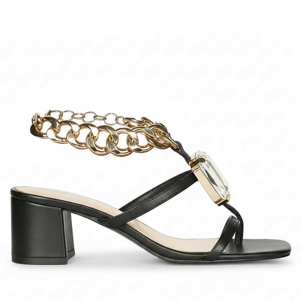 Saint Gaelle Black Leather Crystal Chain Block Heels
