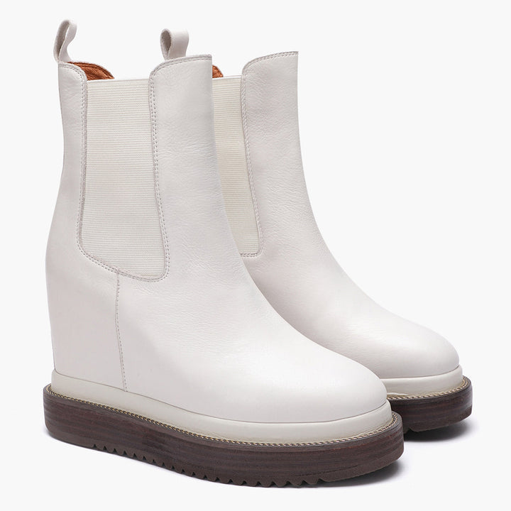 Leather Inner Wedge Heel Ankle Boots - Trendy Off-White Footwear
