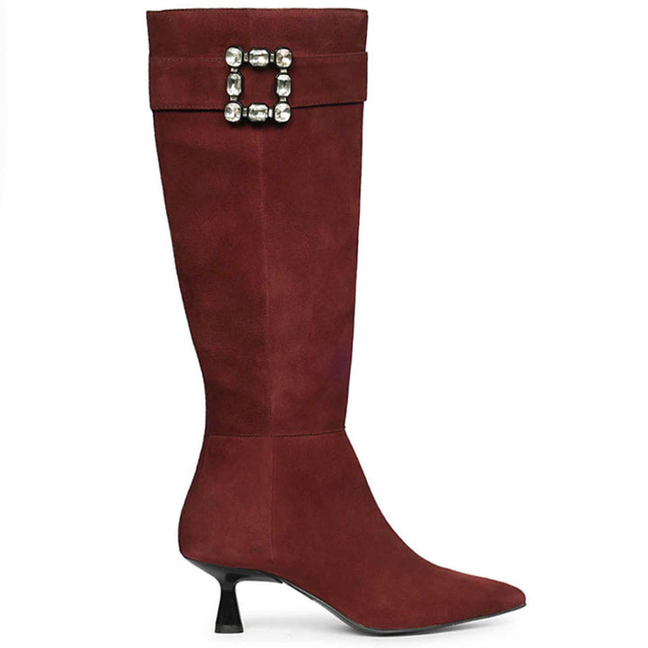 Saint Valeria Crystal Buckle Bordo Suede Leather Long Boots