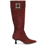 Saint Valeria Crystal Buckle Bordo Suede Leather Long Boots
