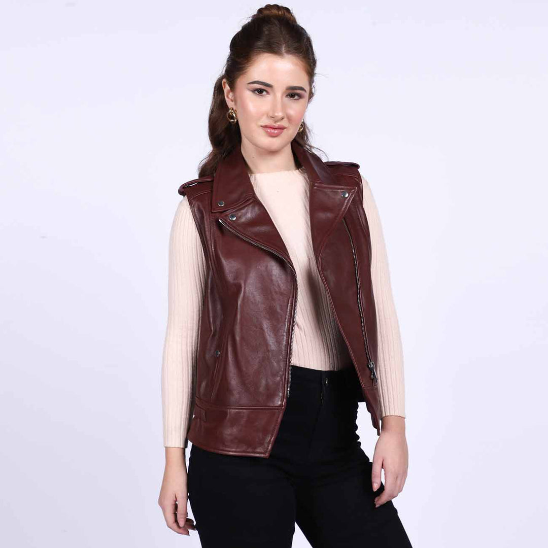 Saint Micaela Burgundy Leather Women Collar Jackets