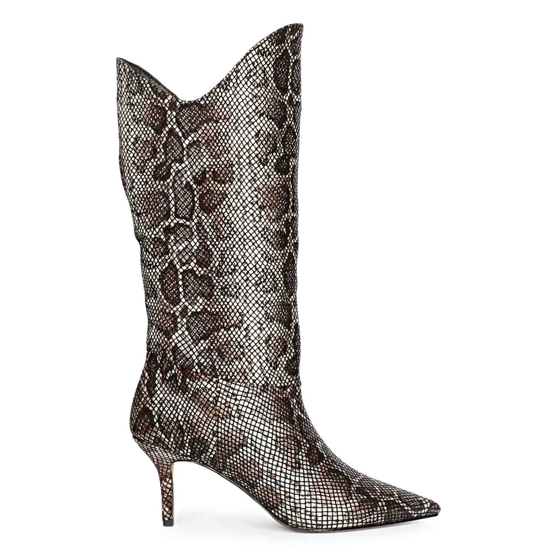 Make a bold fashion statement with Saint Rocio's snake print brown leather calf boots.