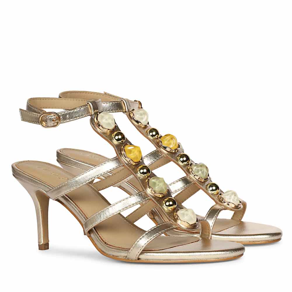 Saint Xiomara Gold Metallic Gem T-Strap Stiletto Heels