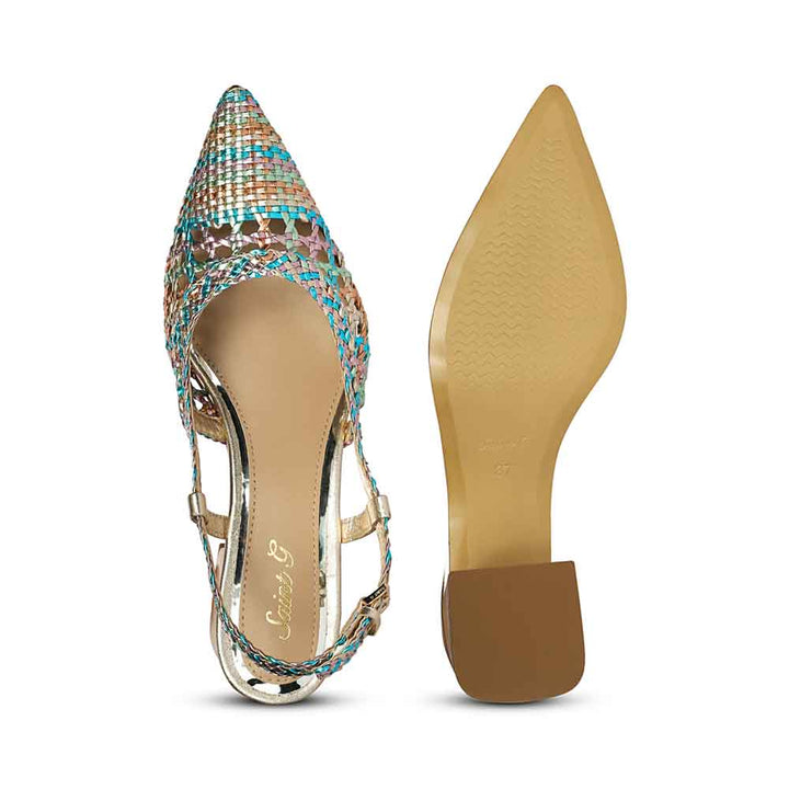 Saint Anya Turquoise Multi Hand Woven Leather Block Heels