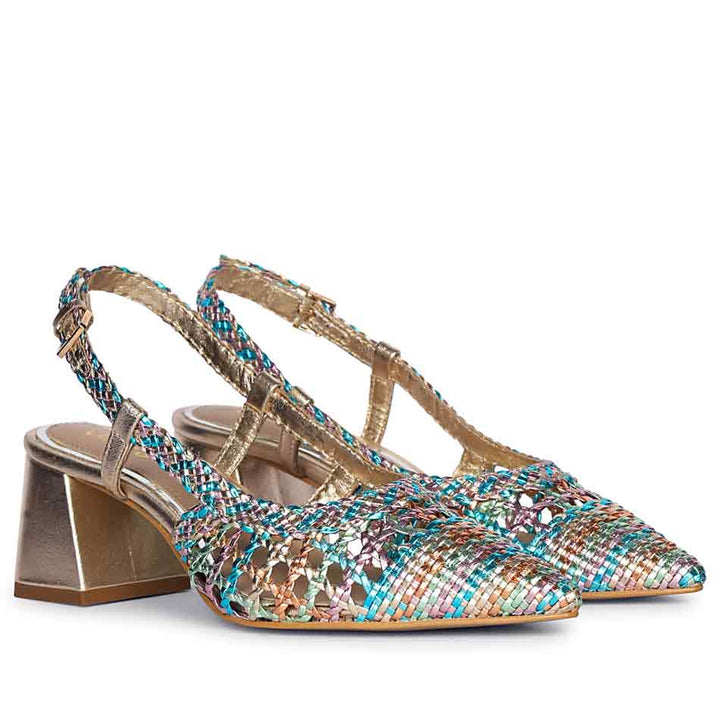 Saint Anya Turquoise Multi Hand Woven Leather Block Heels