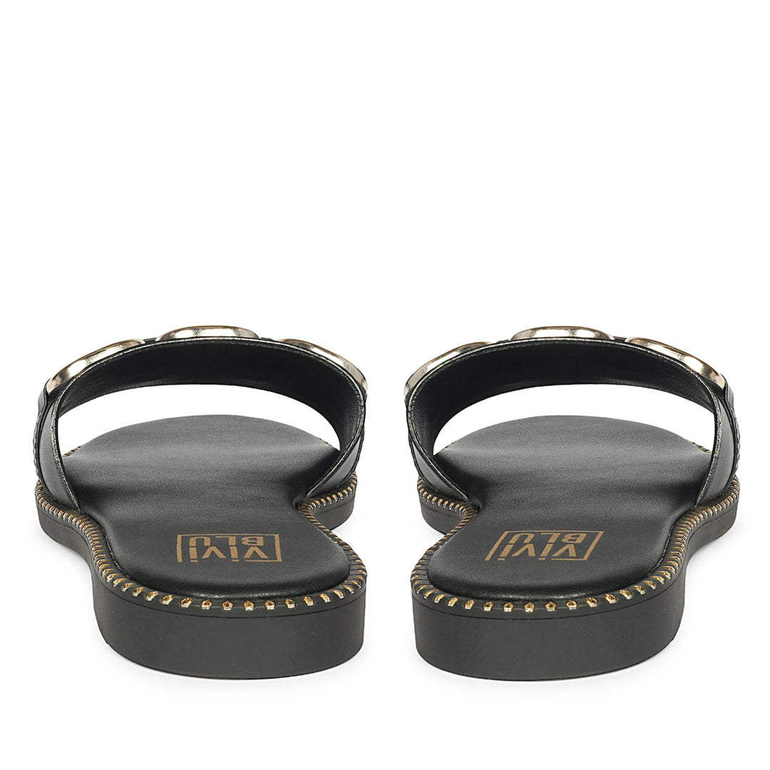 Eileen Black Leather Flat Sandals