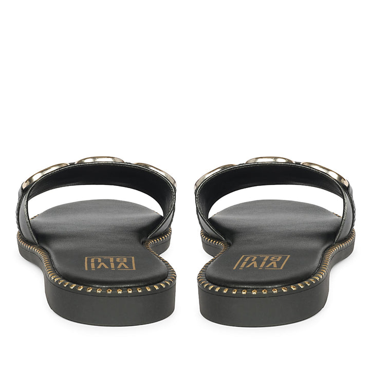 Eileen Black Leather Flat Sandals