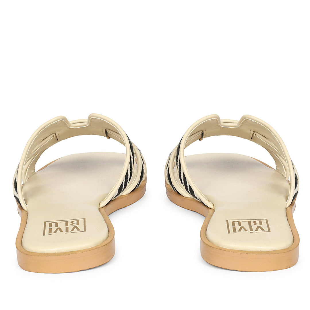Aliana Black & Cream Leather Flat Sandals