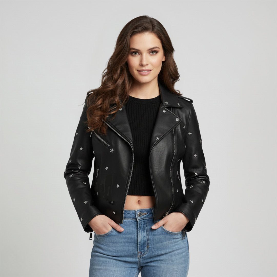 Saint Neve Black Leather Women Collar Jackets