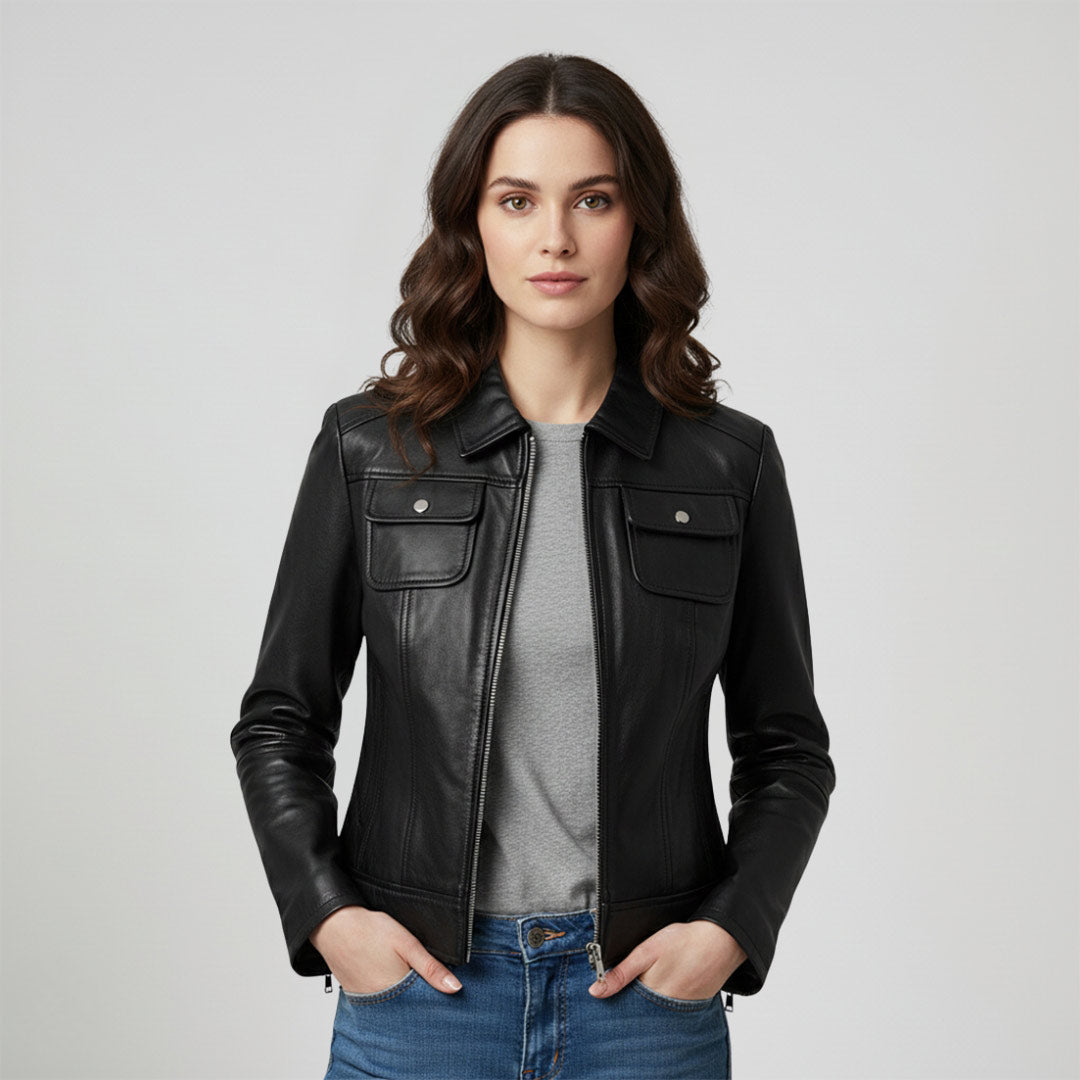 Saint Claiborne Women black Leather Spread Collar Jackets
