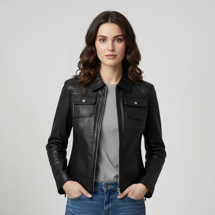 Saint Claiborne Women black Leather Spread Collar Jackets