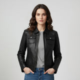 Saint Claiborne Women black Leather Spread Collar Jackets