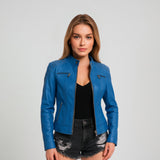 Saint Veronique Blue Leather Zip-Up Women Cafe Racer Jackets