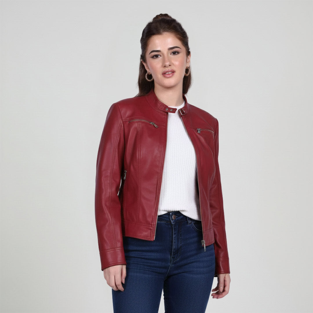 Saint Edwina Burgundy Leather Women Cafe Racer Jackets