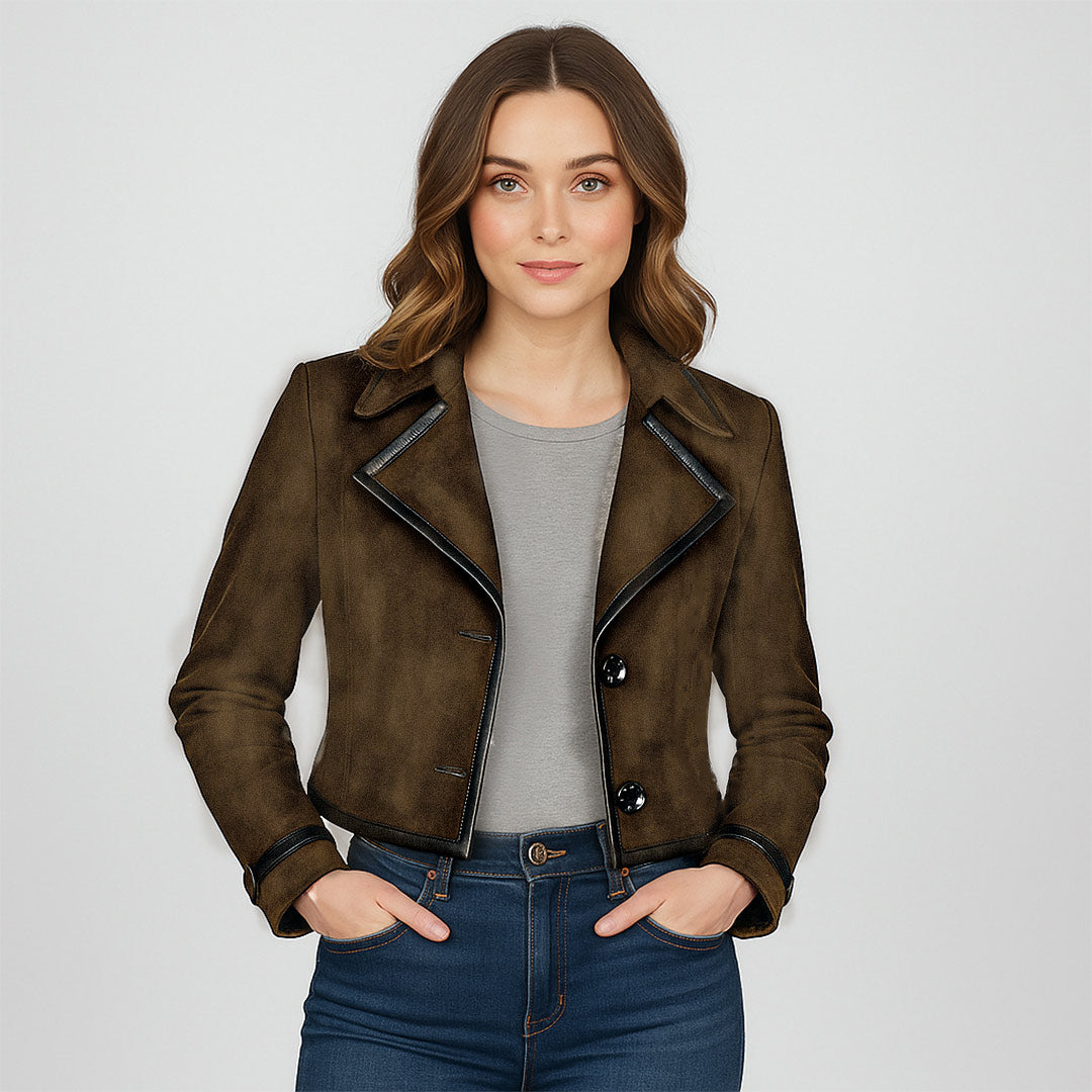 Saint Cloe Women Brown Leather Spread Collar Jackets