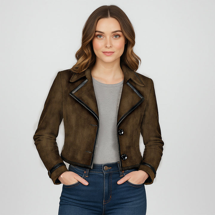 Saint Cloe Women Brown Leather Spread Collar Jackets