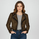 Saint Cloe Women Brown Leather Spread Collar Jackets