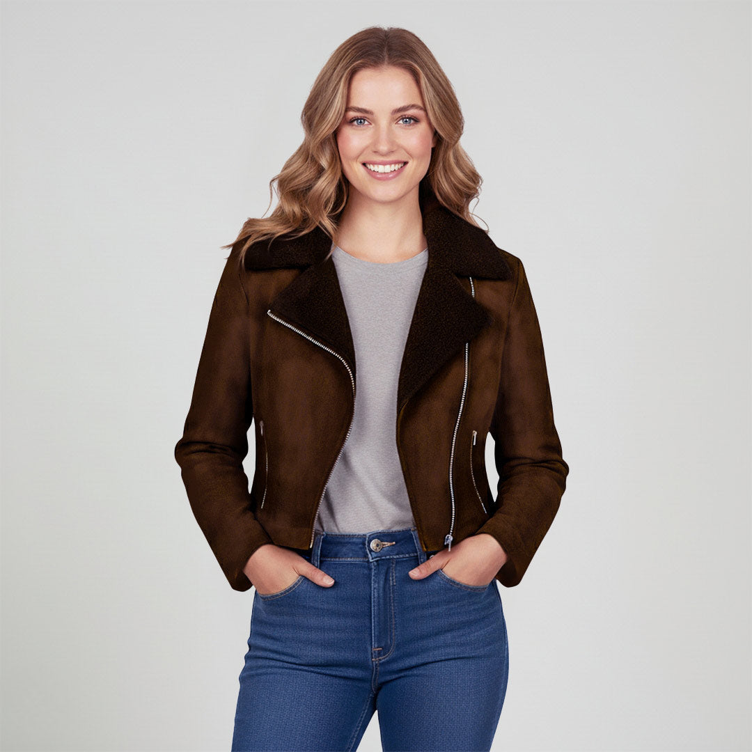 Saint Rebecca Women Brown Leather Spread Collar Jackets
