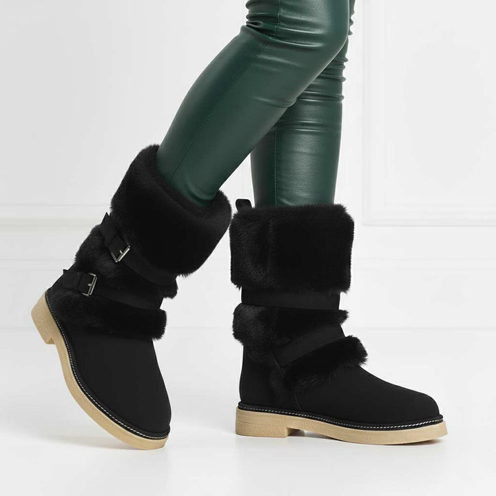 Saint Montova Black Leather Shearling Buckle Fur Boots
