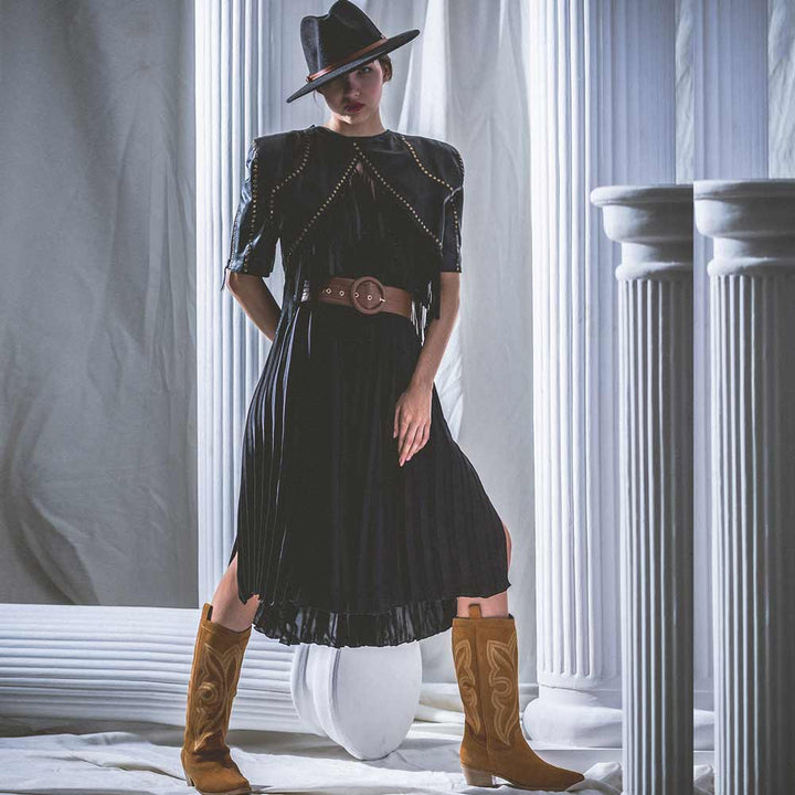 Saint Vera Metal Studded Fringed Leather Short Jacket