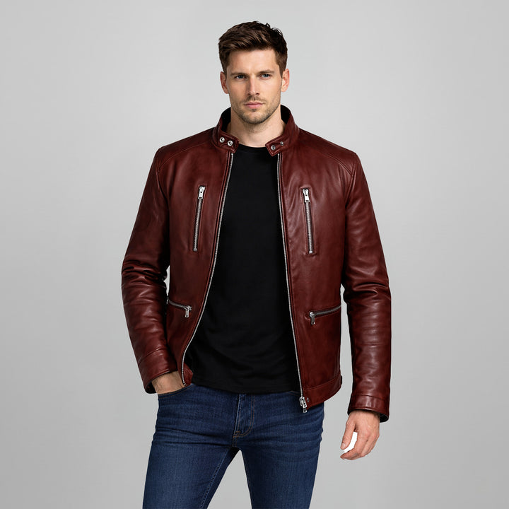 Saint Ellis Burgundy Leather Men's Cafe Racer Jackets