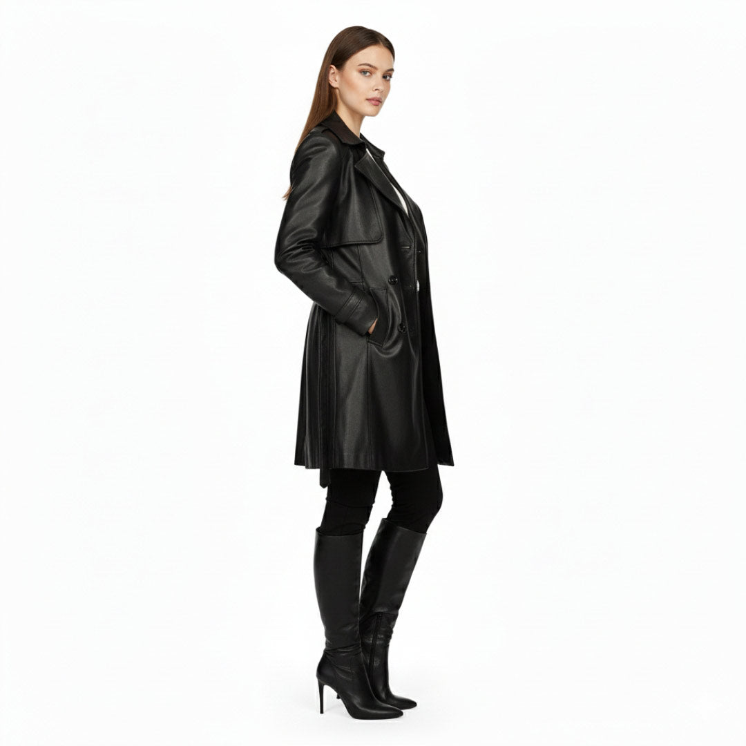 Buy Davina Black Leather Trench Coat for Women | Classic Long Coat