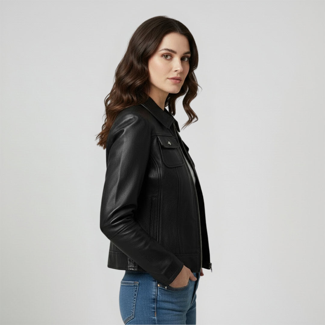 Saint Claiborne Women black Leather Spread Collar Jackets