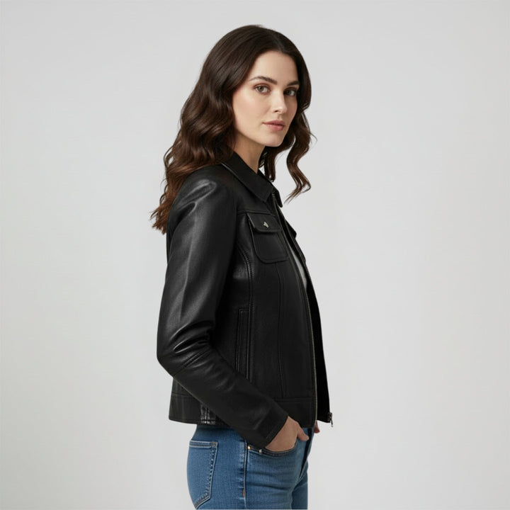 Saint Claiborne Women black Leather Spread Collar Jackets