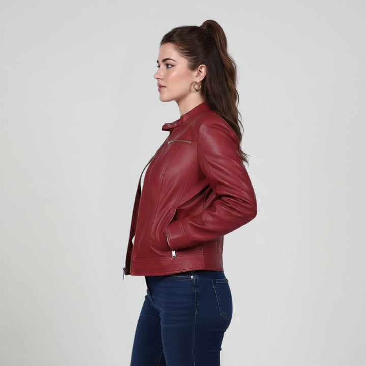 Saint Edwina Burgundy Leather Women Cafe Racer Jackets
