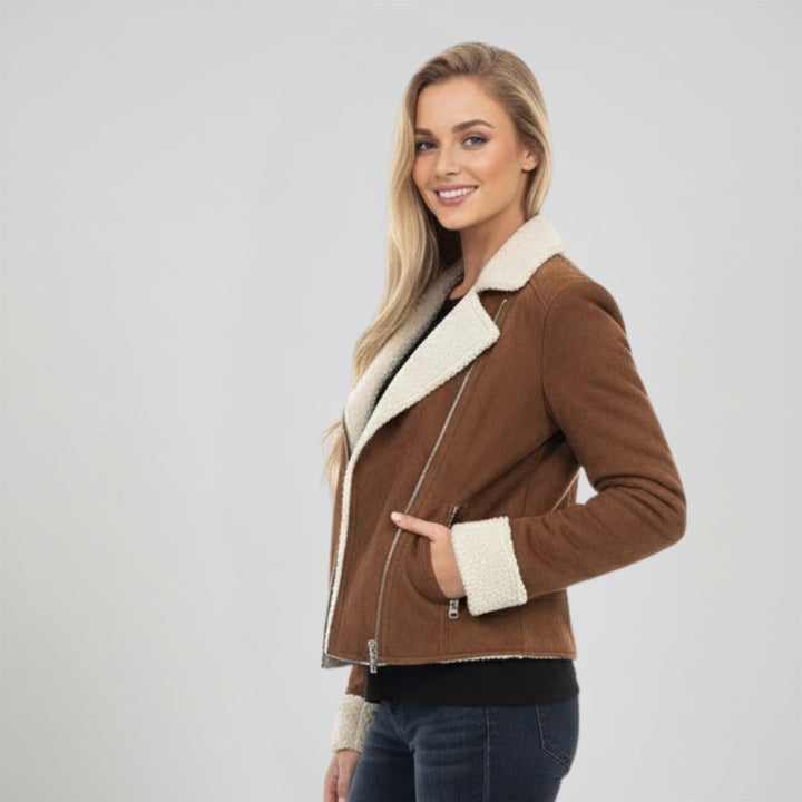 Saint Arlene Women Tan/Beige Leather Cafe Racer Jacket