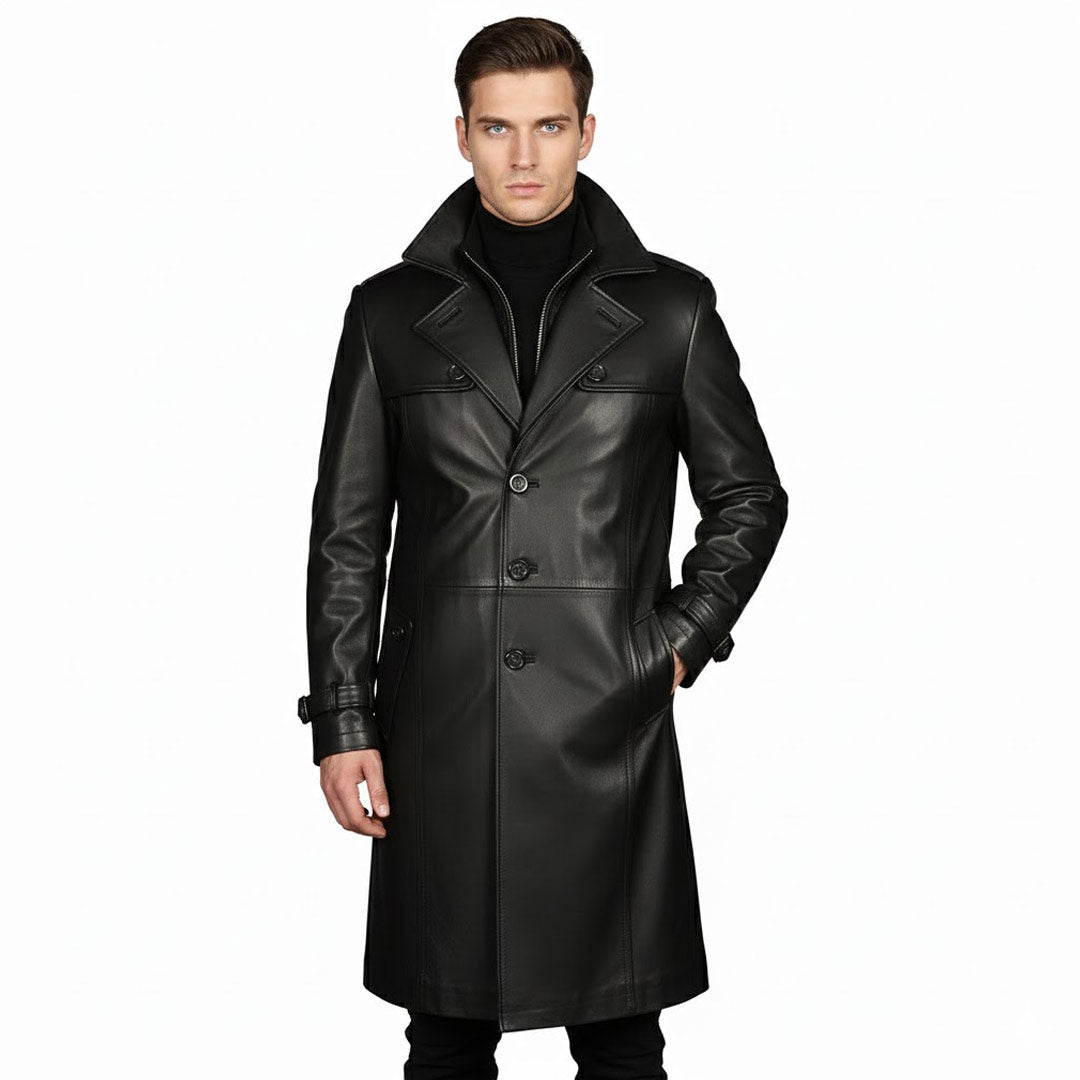 Saint Valente Full-Length Black Leather Trench Coat For Men