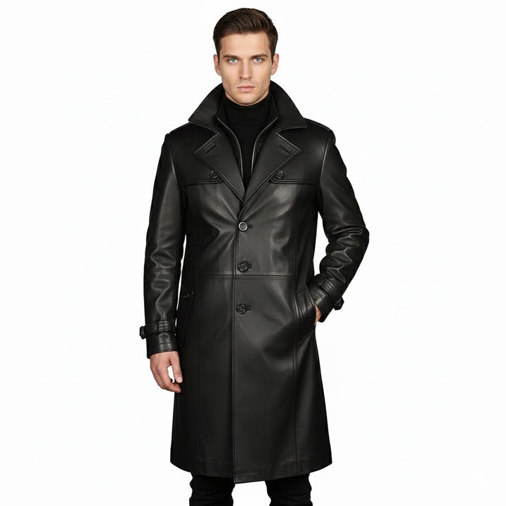 Saint Valente Full-Length Black Leather Trench Coat For Men
