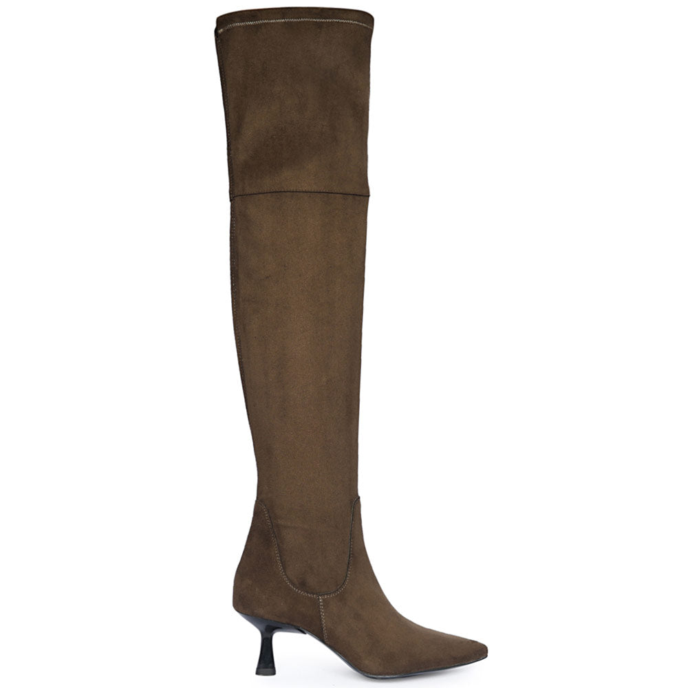 Saint Annelise Olive Stretch Suede Thigh High Boots