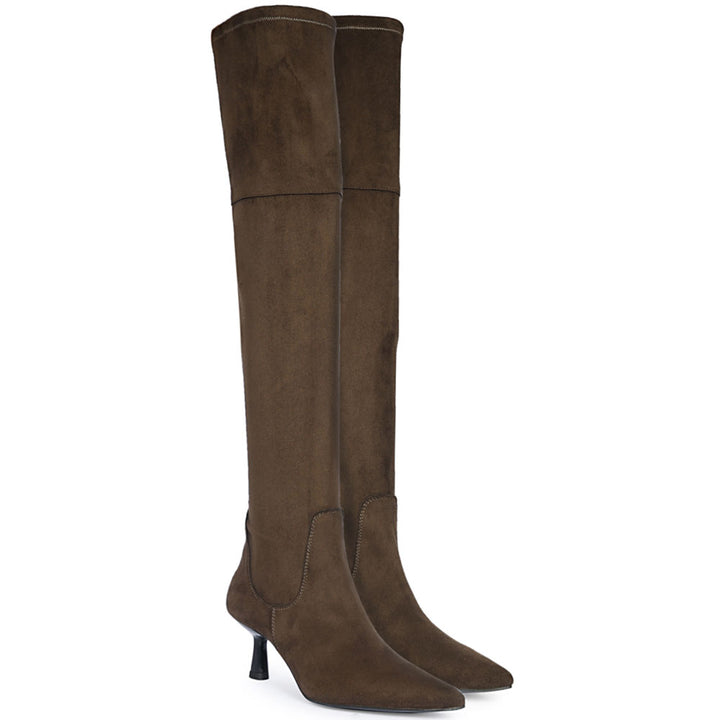 Saint Annelise Olive Stretch Suede Thigh High Boots